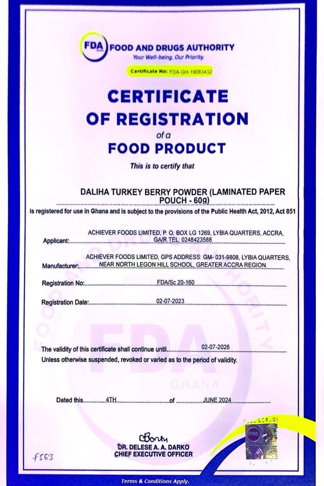 Daliha Foods FDA Certificate -Powder 2024